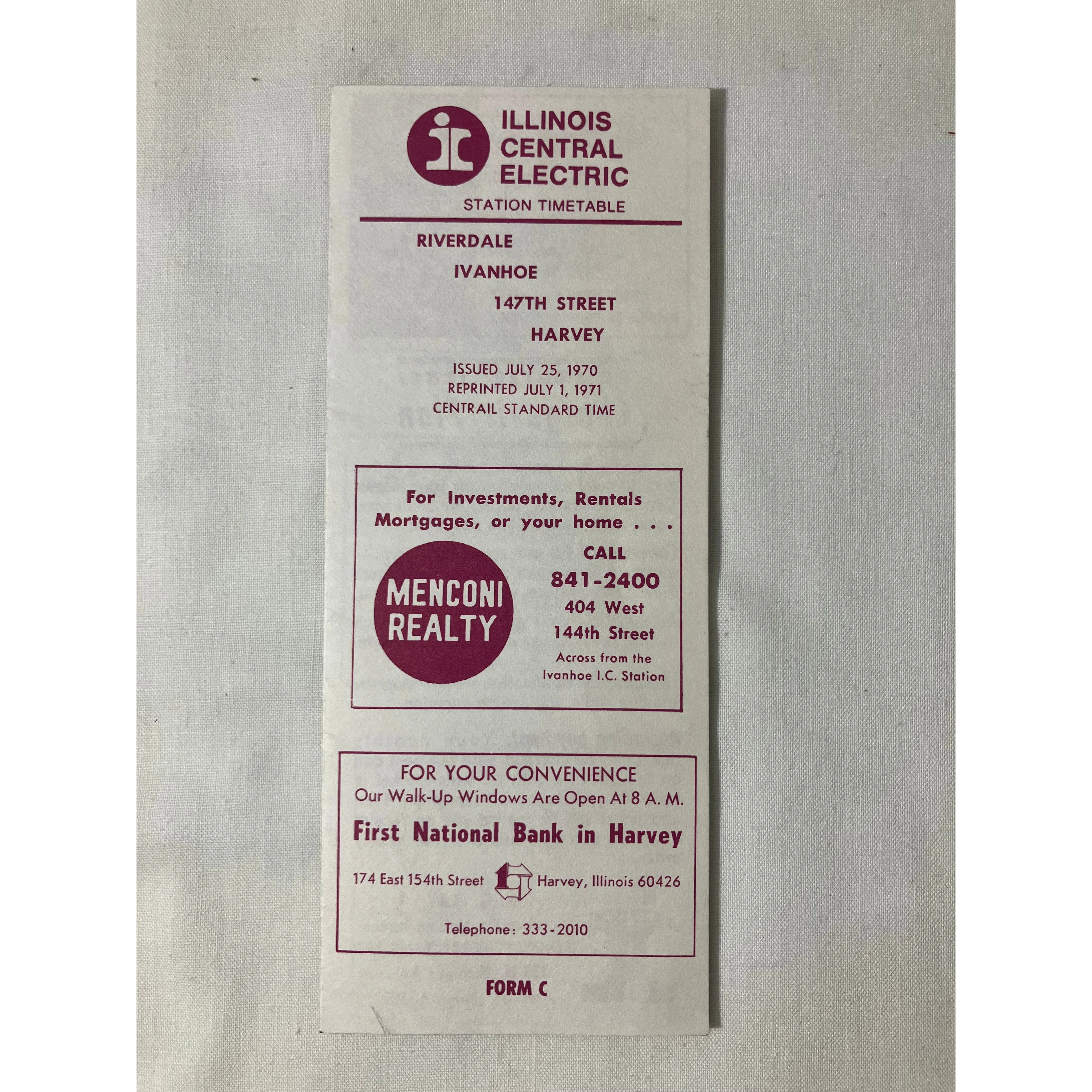 Illinois Central Electric Timetable for Riverdale-Harvey zone 7/25/1970