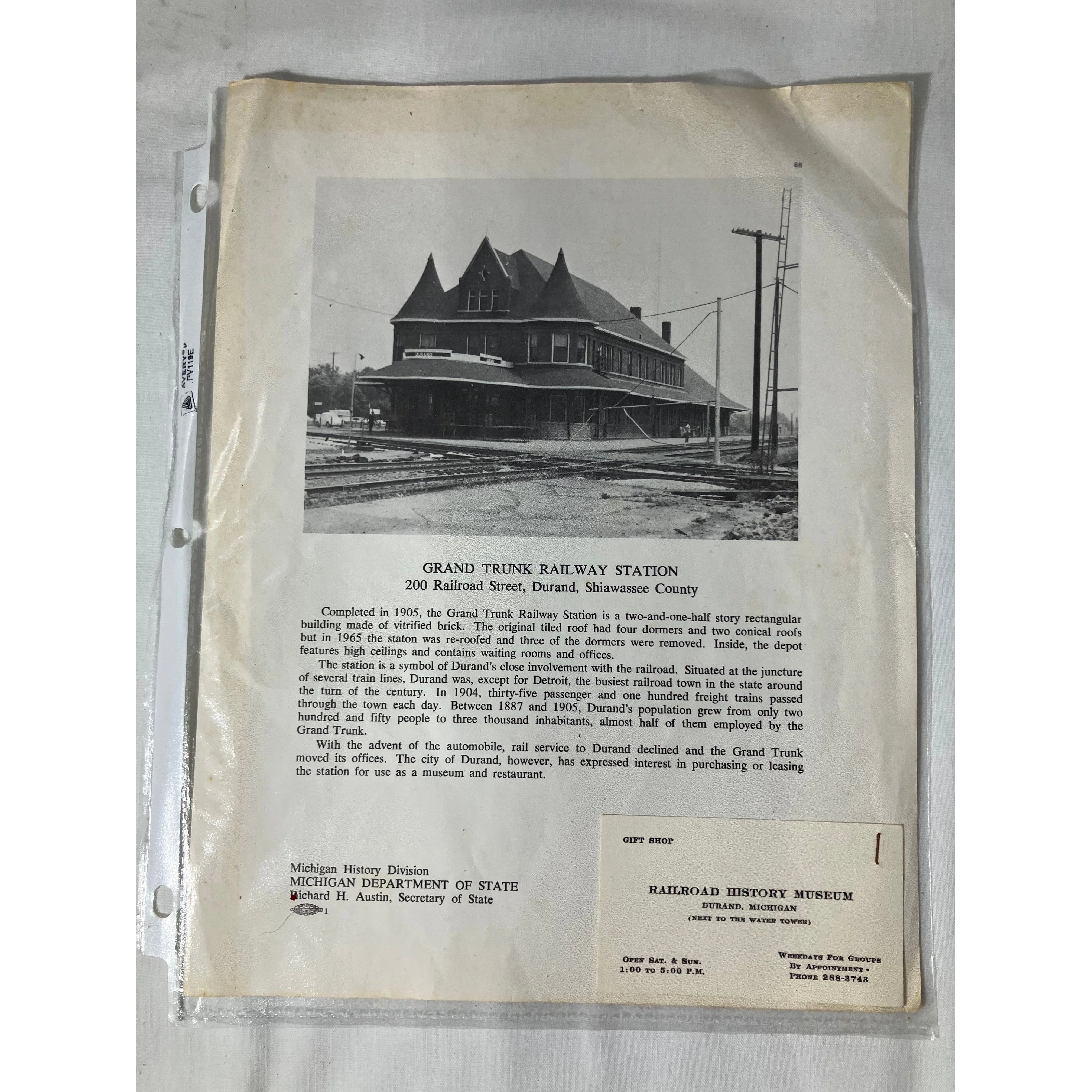 vintage photograph of Grand Trunk Railway Station in Durand, Michigan