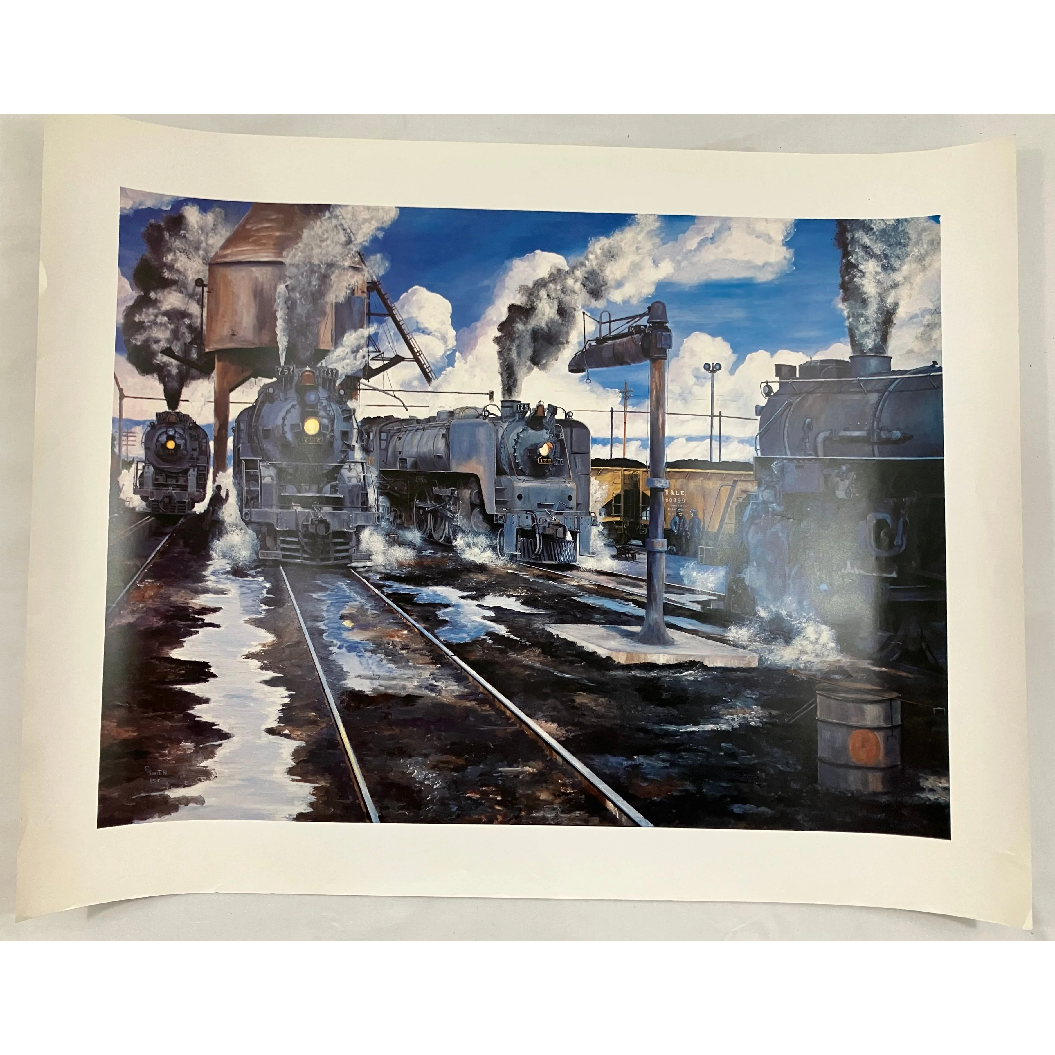 Poster of Steam Locomotives in Railyard 28” x 22” untrimmed; 24” x 18” trimmed
