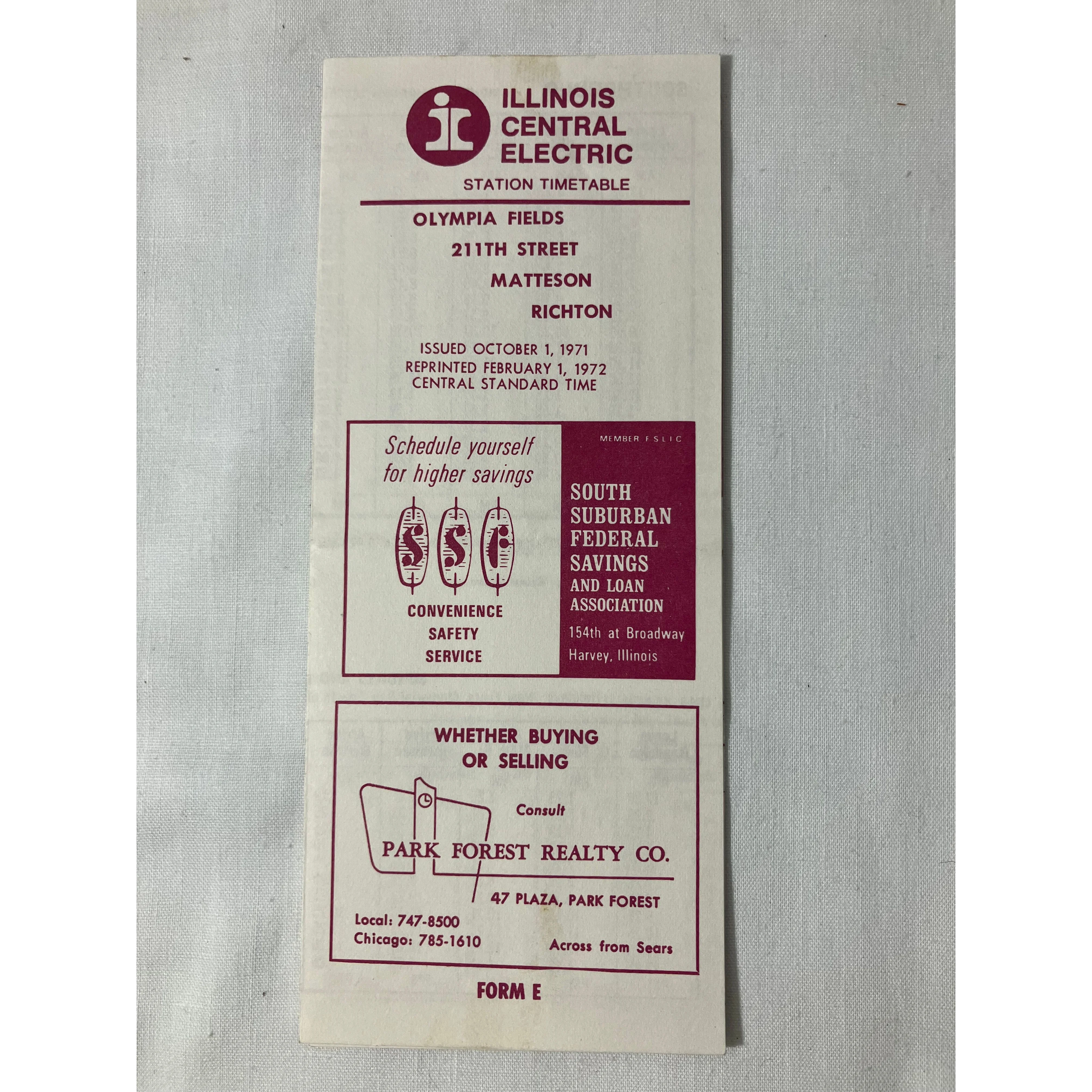 Illinois Central Electric Timetable eff. 10/1/1971 Olympia Fields-Richton zone
