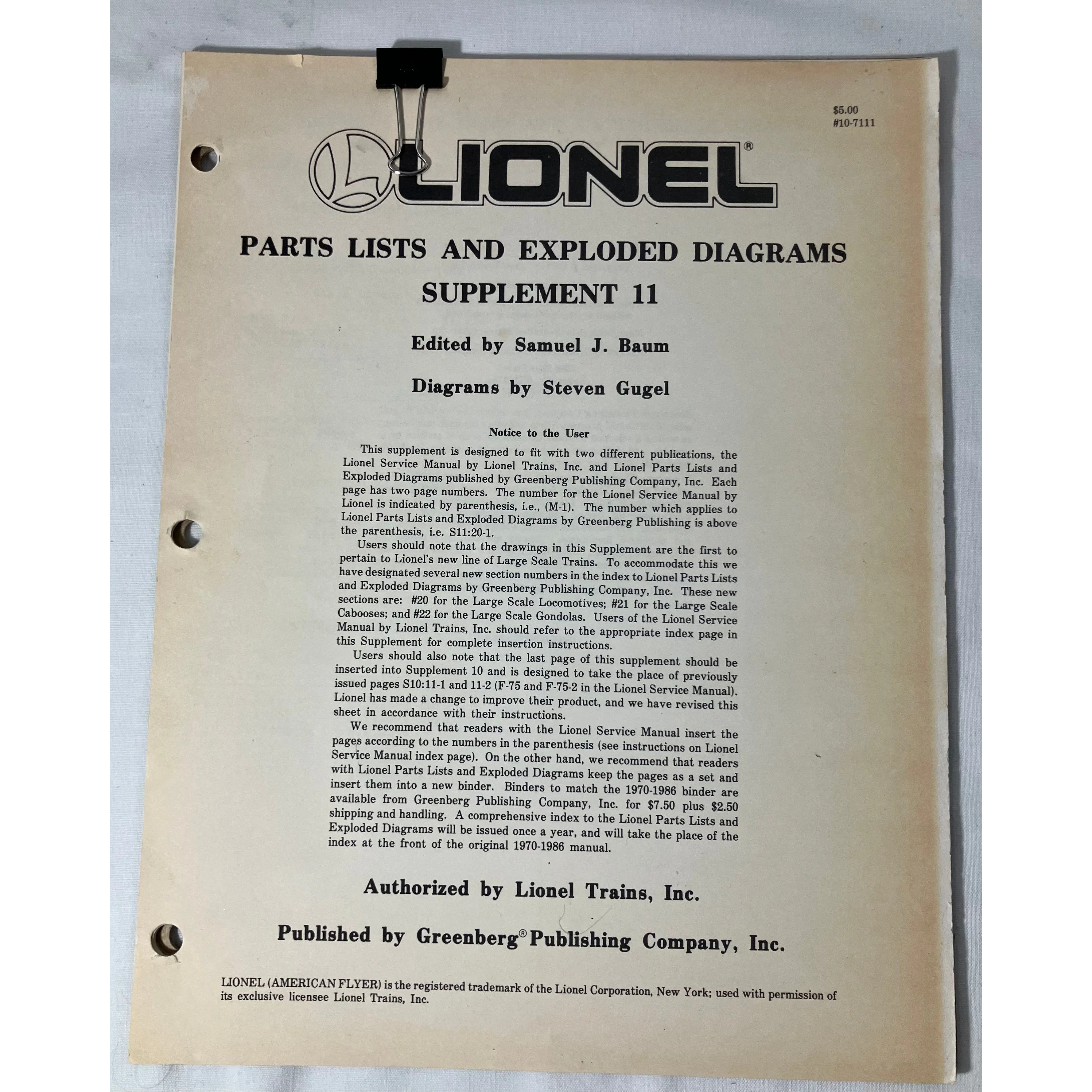 Lionel Parts Lists & Exploded Diagrams Supplement 11