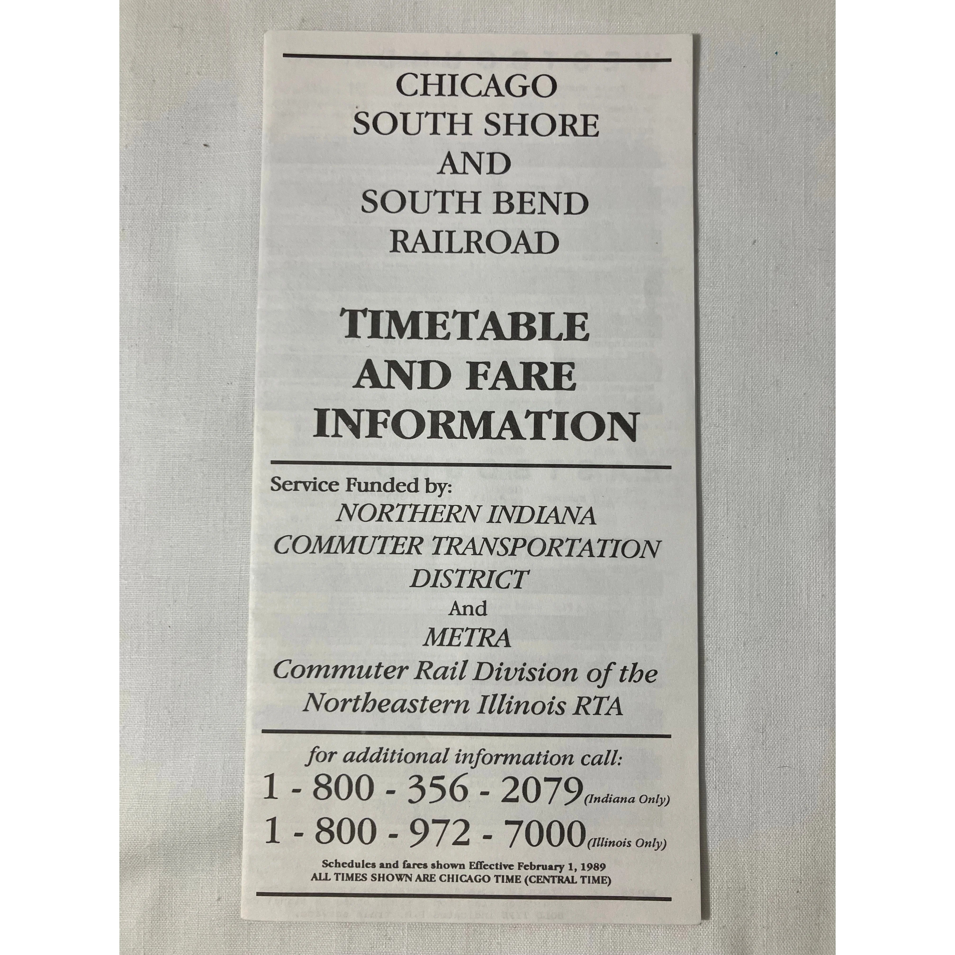Chicago South Shore & South Bend Railroad Timetable & Fare Information eff. 2/1/1989