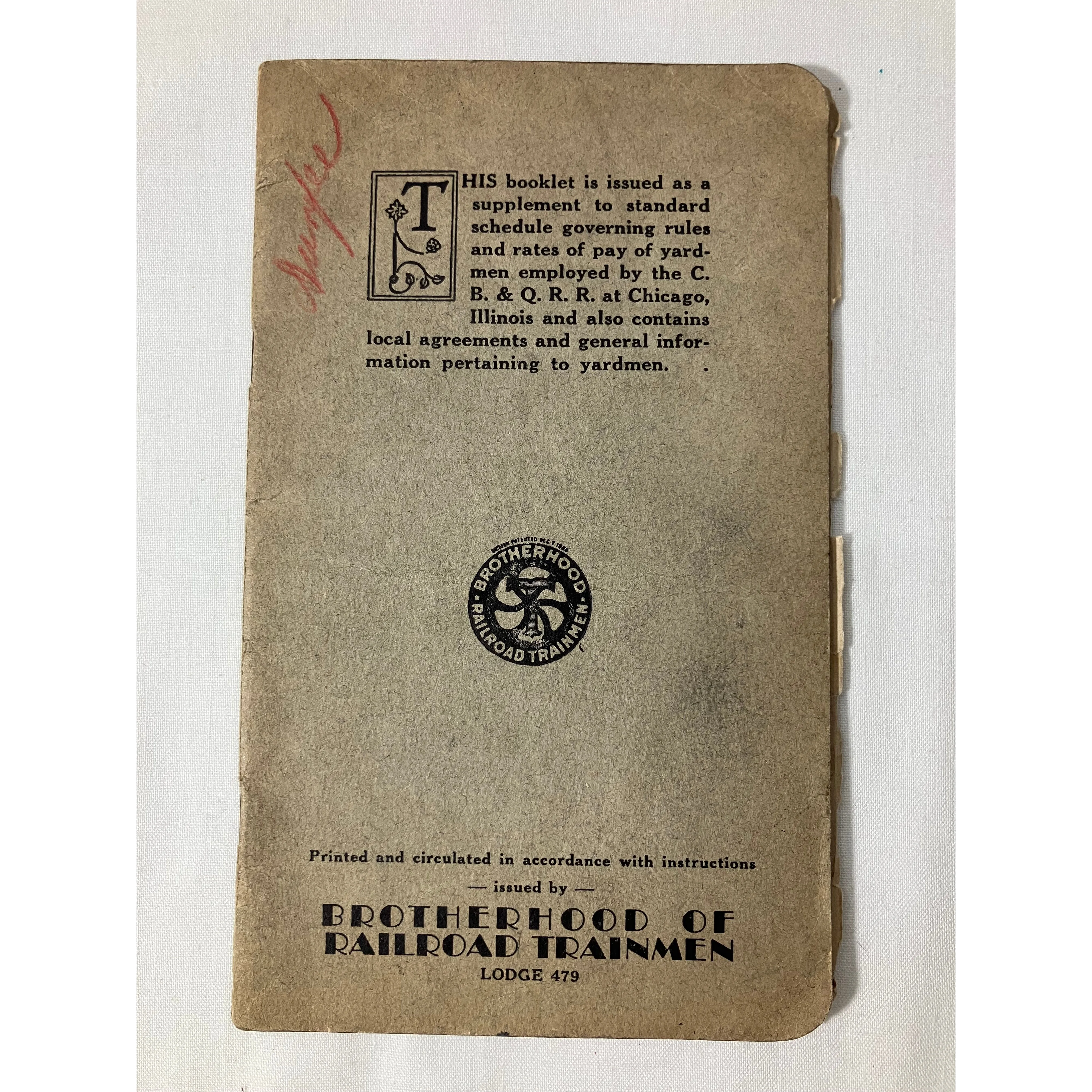 Supplement to Standard Schedule of Rules & Rates of Pay for CB&Q Yardmen approx 1936
