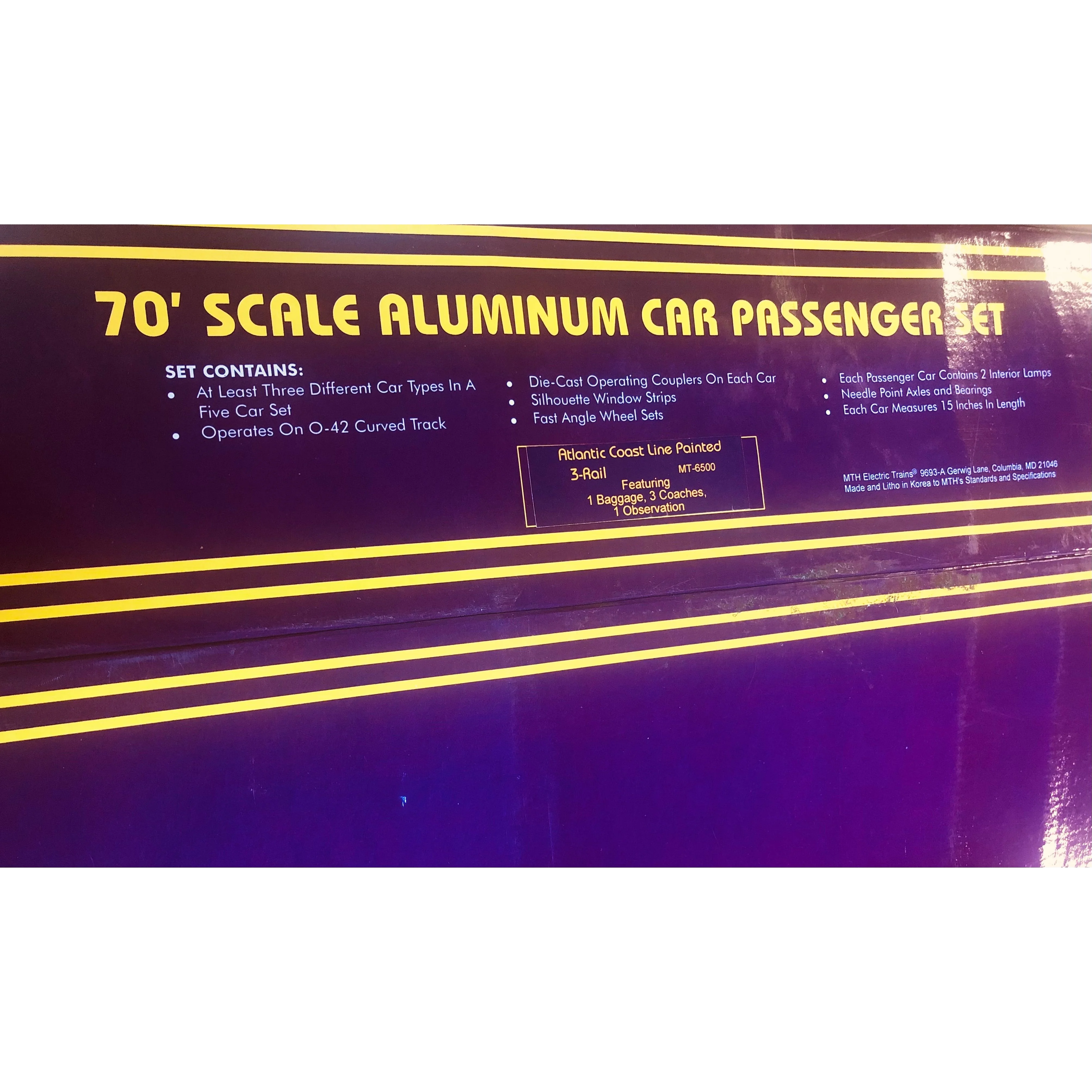 Mth Atlantic Coast Line Painted 70’ 5 Aluminum cars, one baggage, 3 coaches and obser
