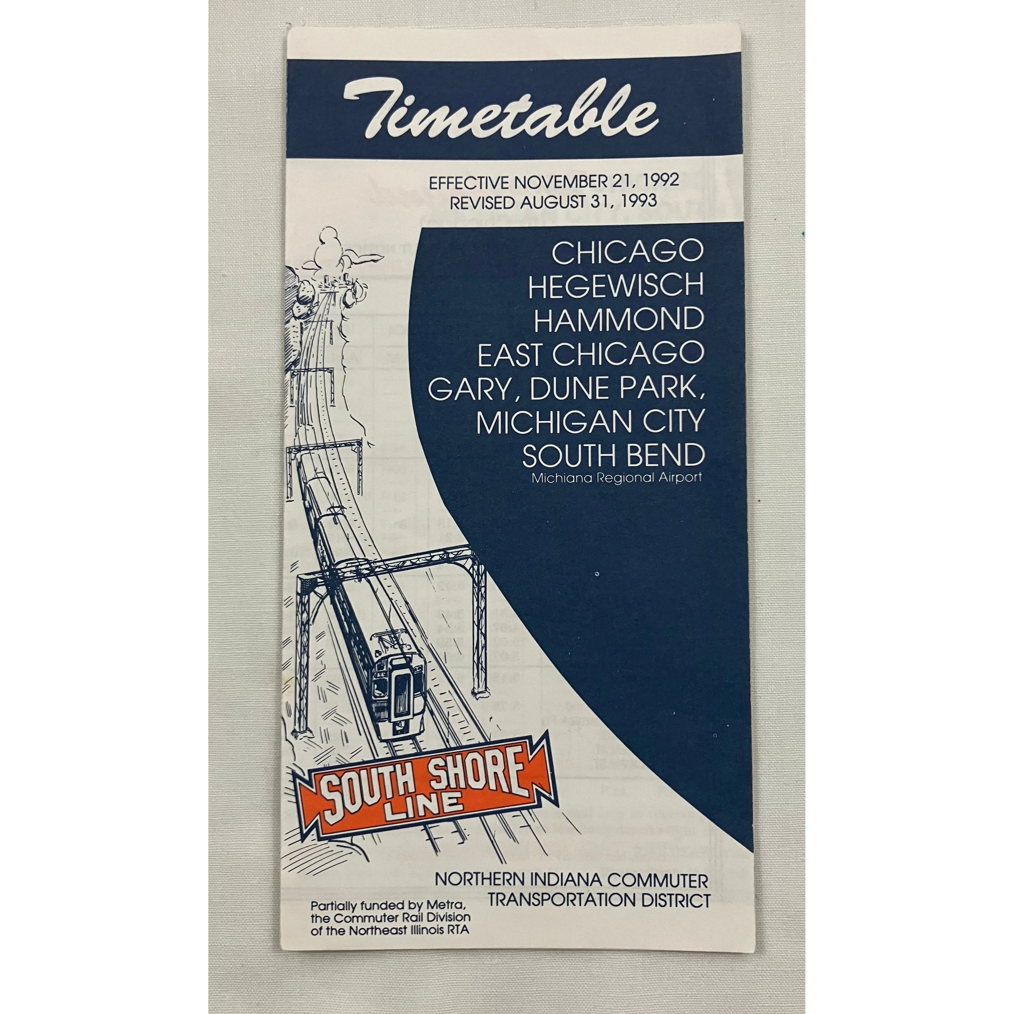 South Shore Line/NICTD Timetable effective 11/21/1992 revised 8/31/1993