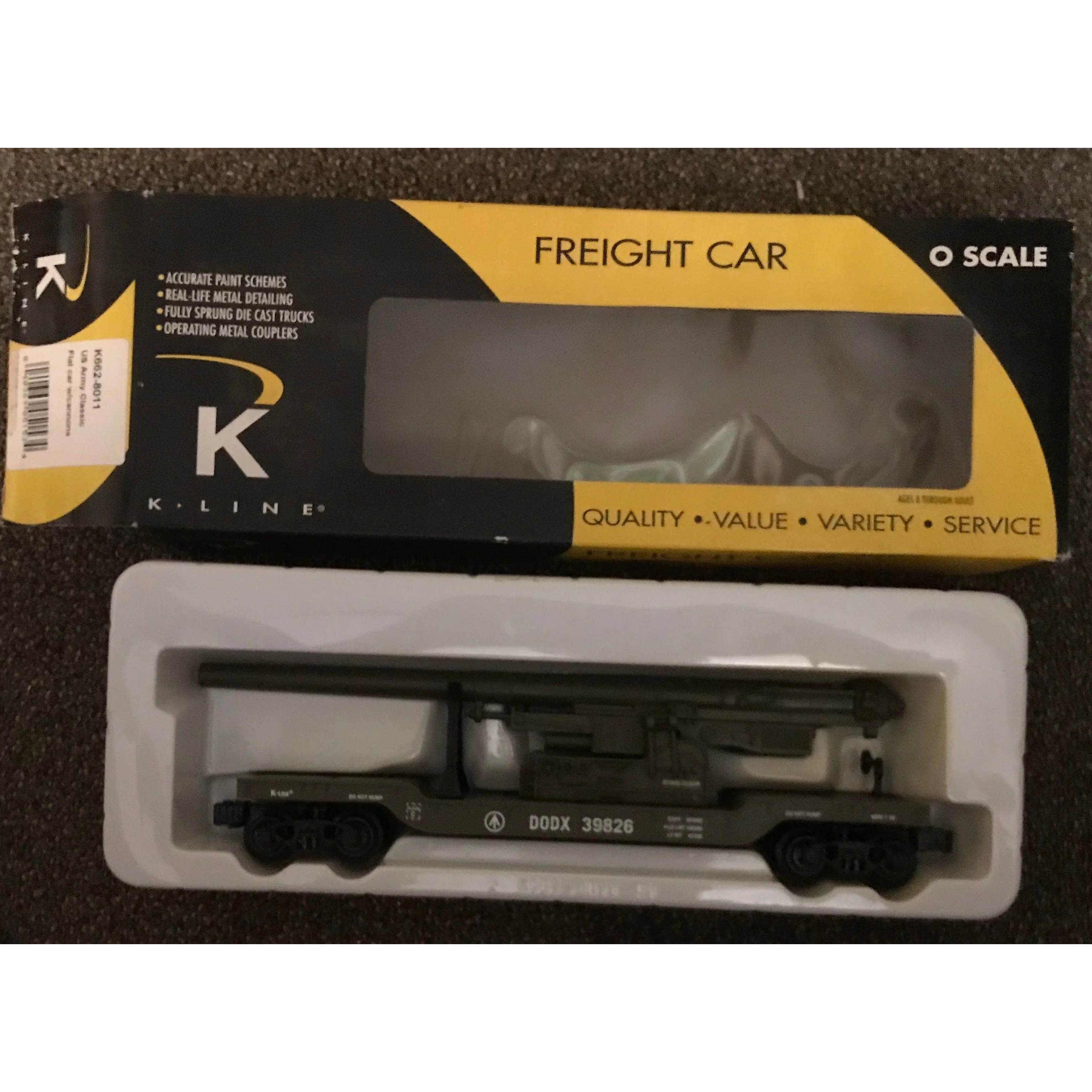 K-Line K662-8011 O Gauge DODX Depressed Center Flatcar w/Cannon EX/Box - Image 2