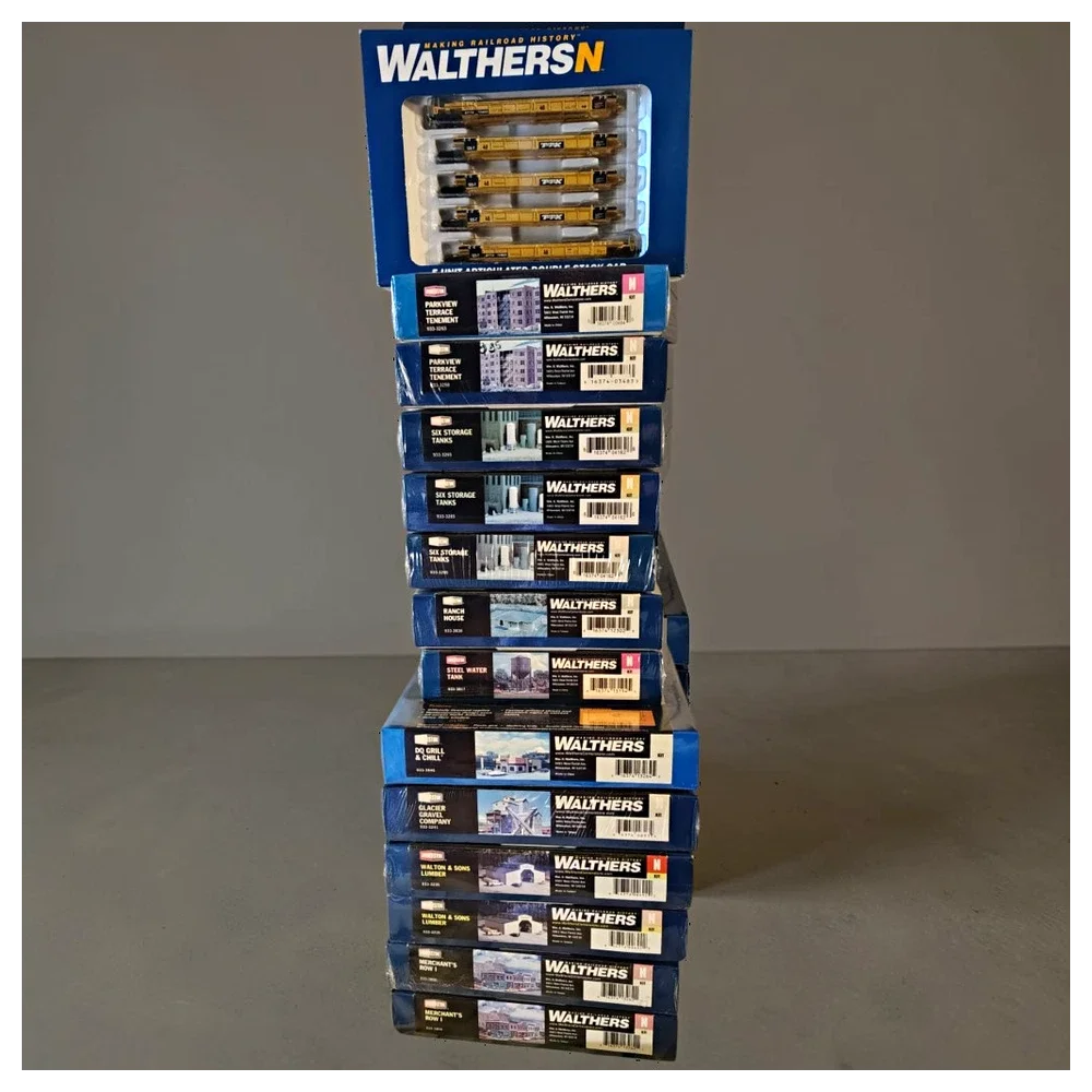 Walthers factory sealed buildings and open box trains