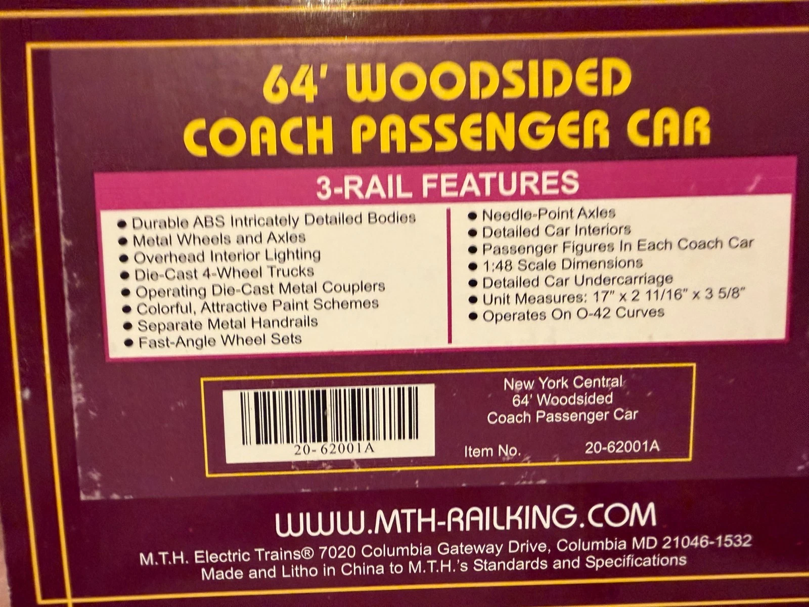 MTH 20-62001A New York Central 64' Woodsided Coach Passenger Car LN/Box — photo 3