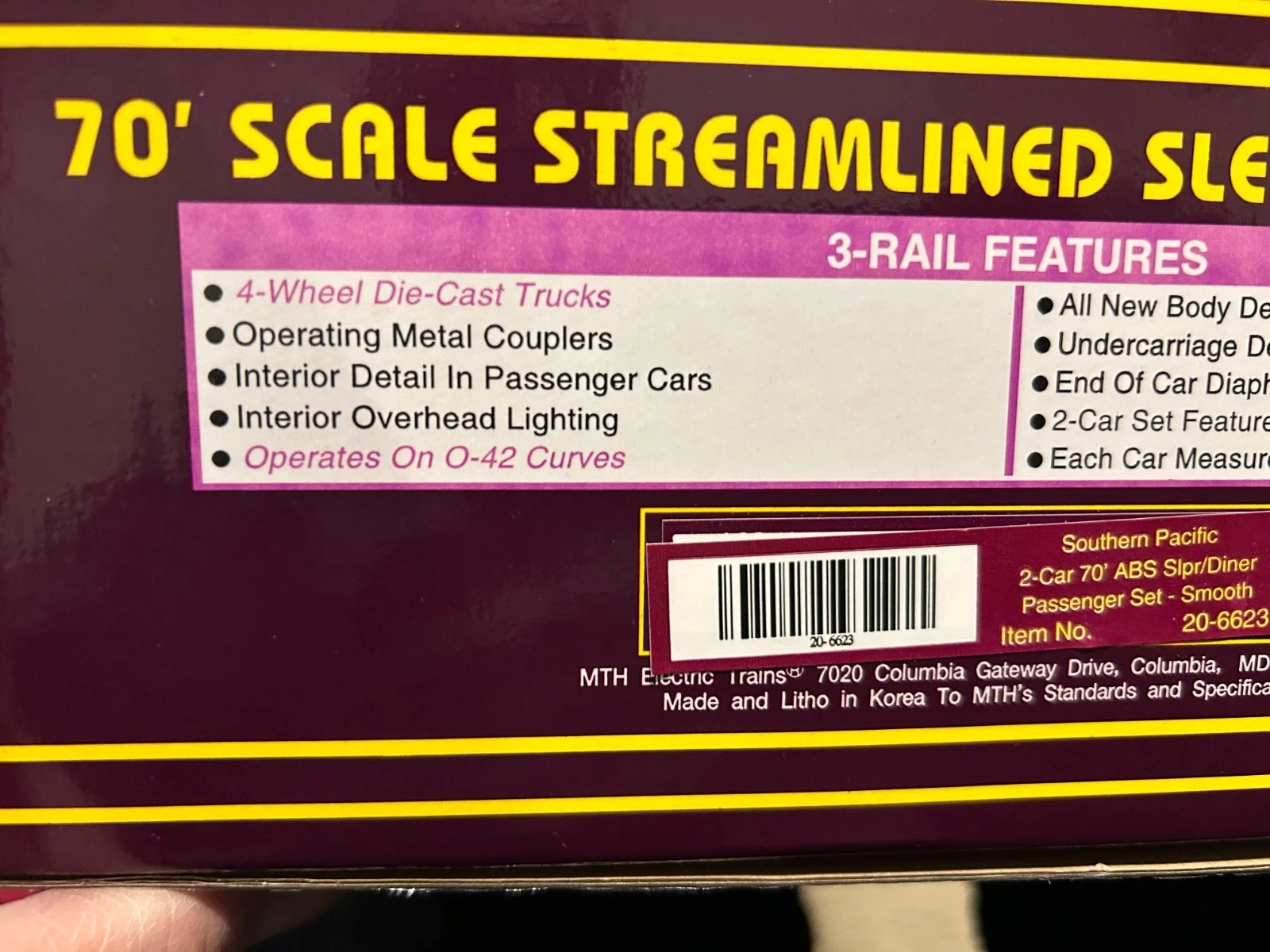 MTH 20-6623 Southern Pacific Streamliner 2 Car Sleeper/Diner Set NIB — photo 3