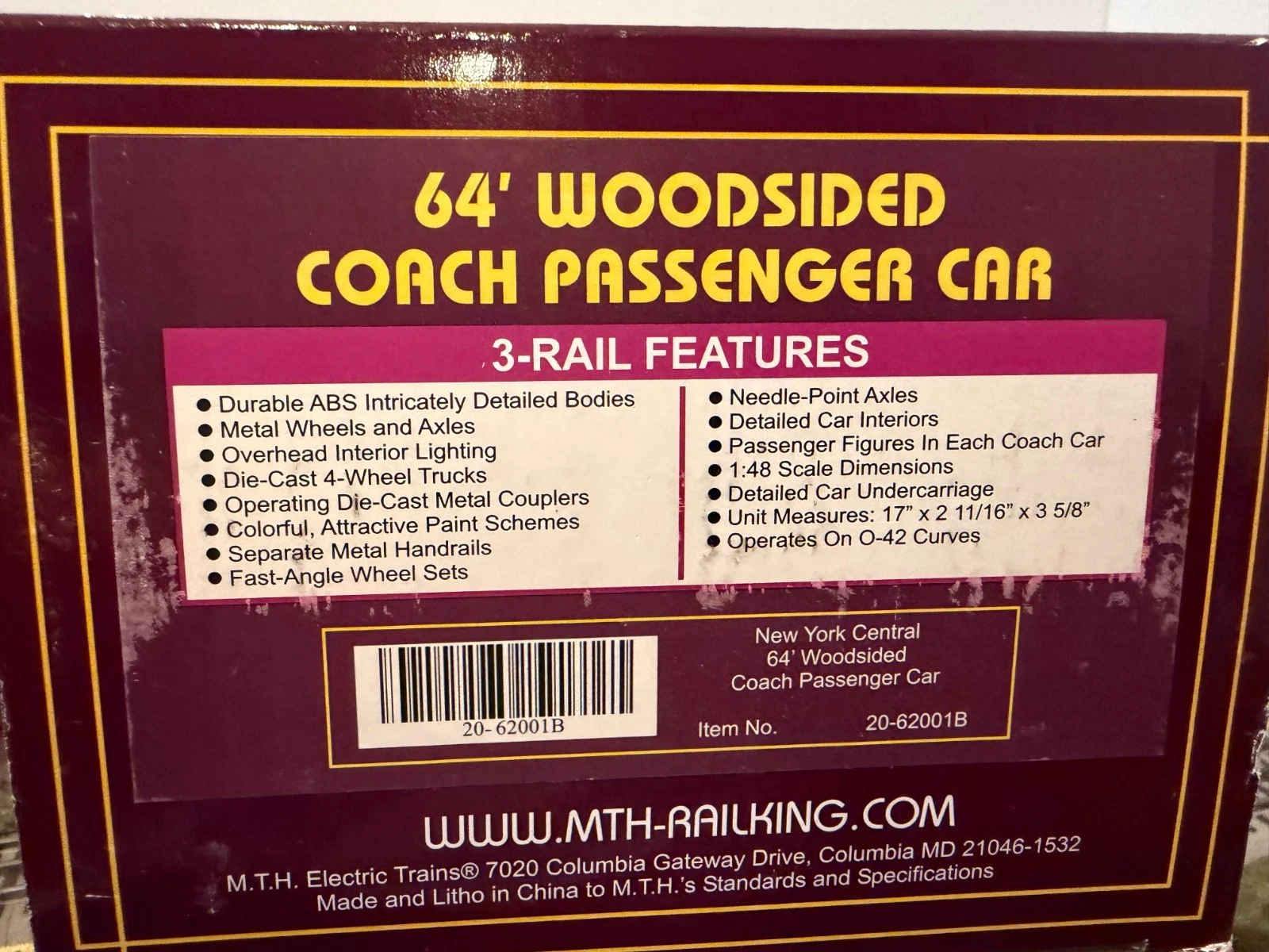 MTH 20-62001B New York Central 64' Woodsided Coach Passenger Car LN/Box — photo 3