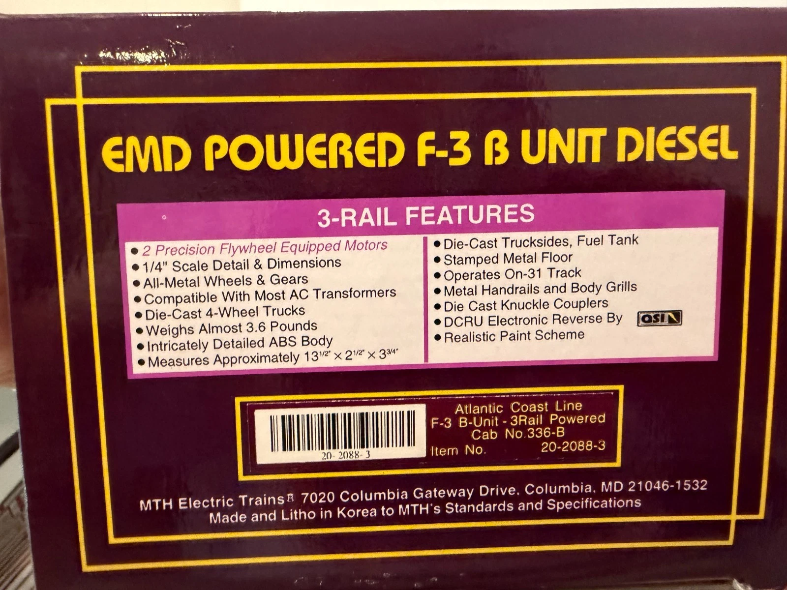 MTH 20-2088-3 EMD POWERED F-3 B UNIT DIESEL LN/BOX — photo 4