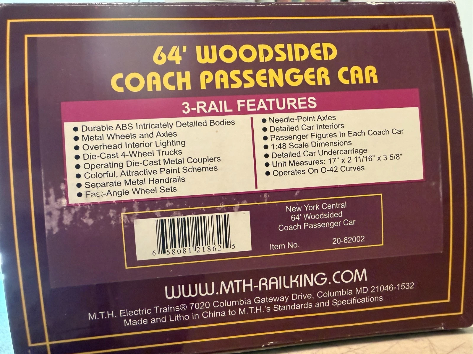 MTH 20-62002 New York Central Empire State Express 64' Woodside Coach NIB — photo 4