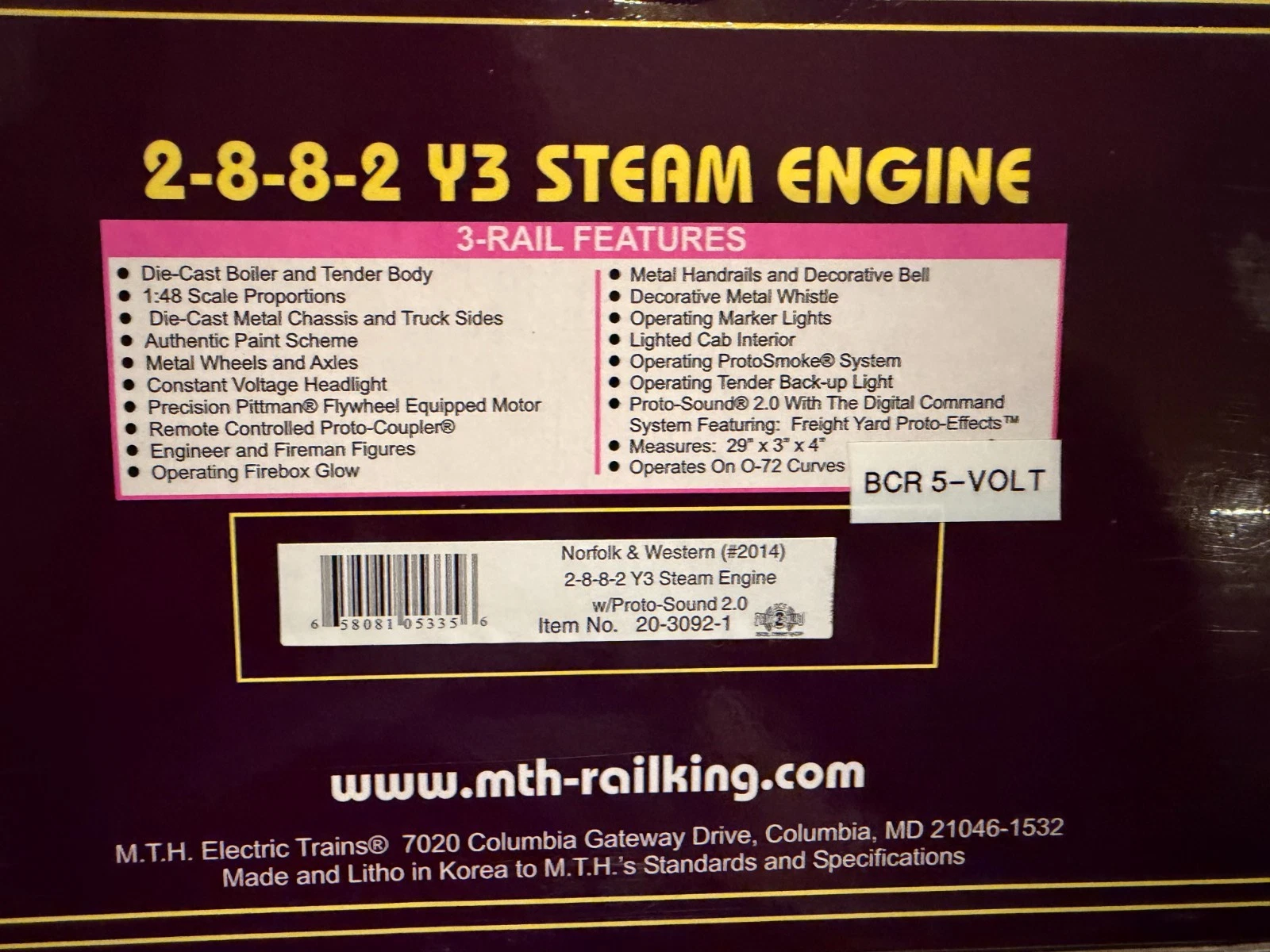 MTH 20-3092-1 Norfolk & Western Y3 2-8-8-2 Steam PS.2 #2014 BCR - NIB — photo 6