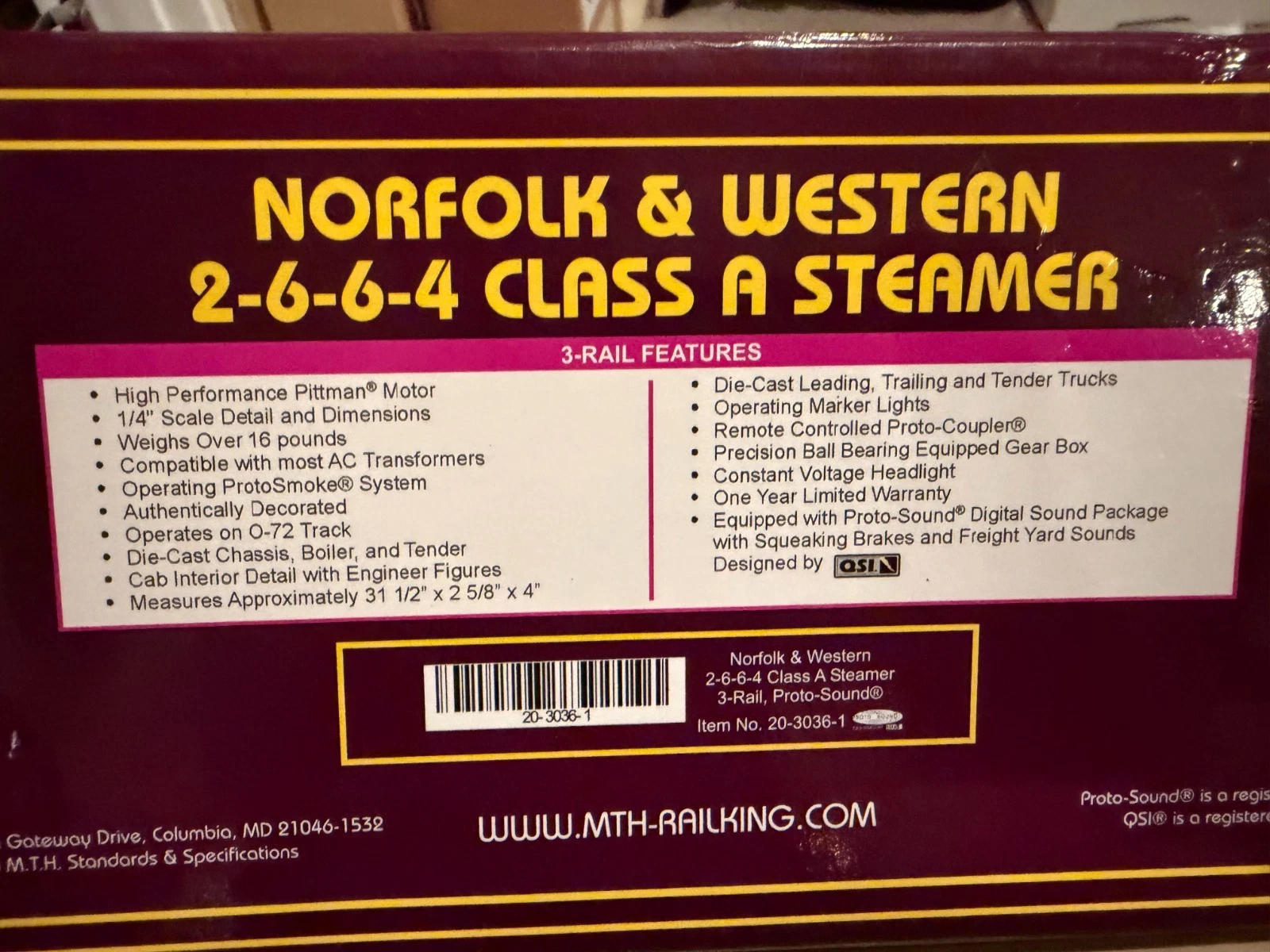 MTH 20-3036-1 Premier 2-6-6-4 Class A Steam Engine N&W #1218 Locomotive LN/BOX — photo 5