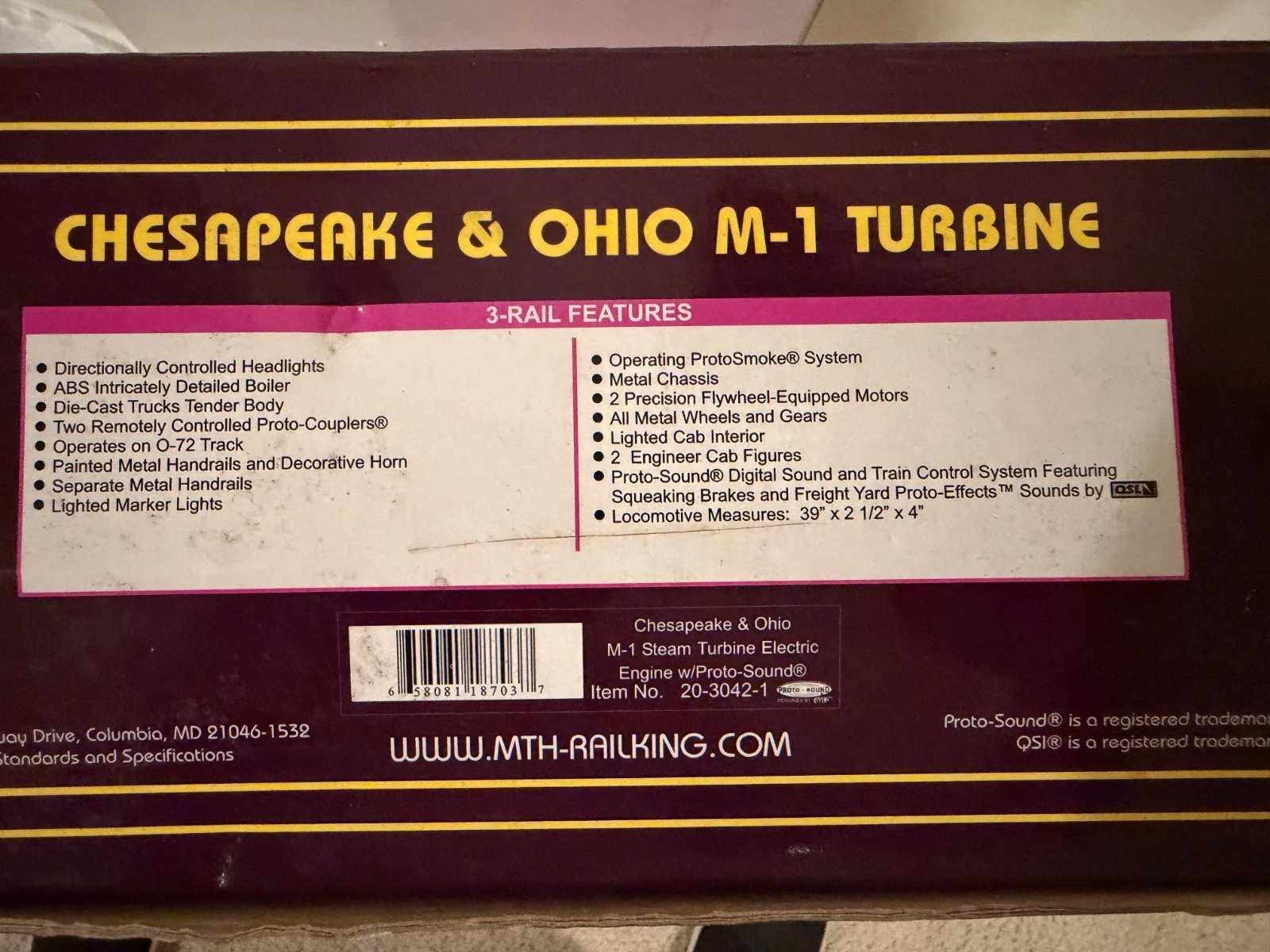 MTH 20-3042-1 C & O M-1 Steam Turbine Electric Engine LN/box — photo 6