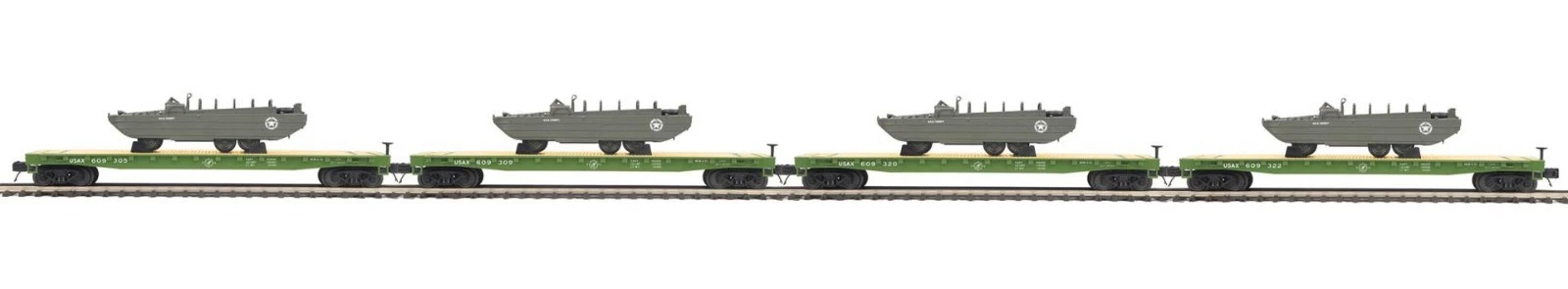 MTH 20-92216 U.S. Army 4-Car Flat Car Set w/GMC DUKW 353 MIB
