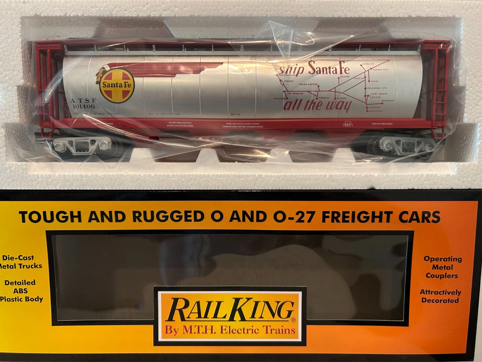 MTH Railking 30-75747 Santa Fe 4 Bay Cylindrical Map Hopper Car (Red) NIB