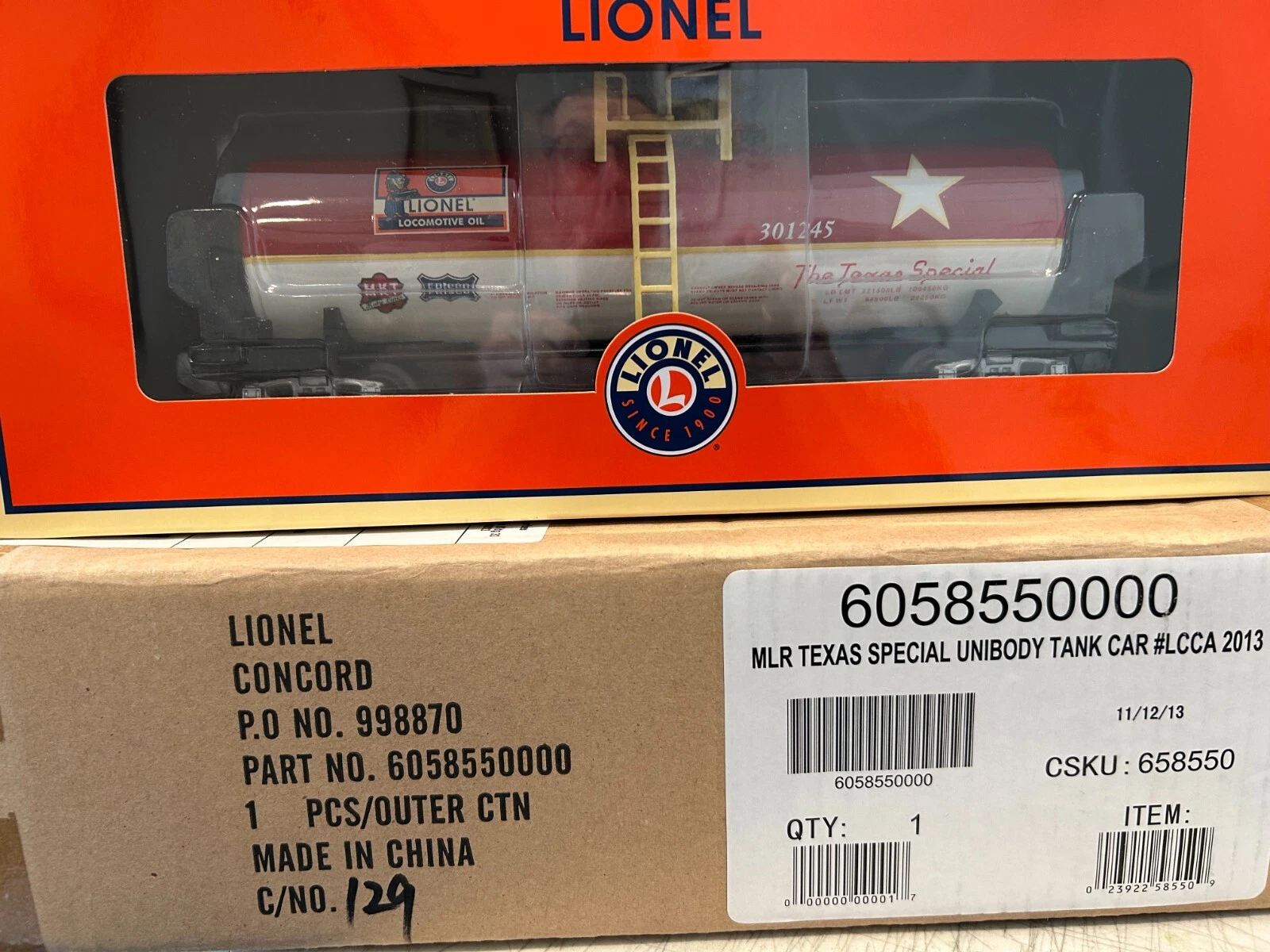 LIONEL 6-58550 LCCA 2013 Texas Special Unibody Tank Car NIB